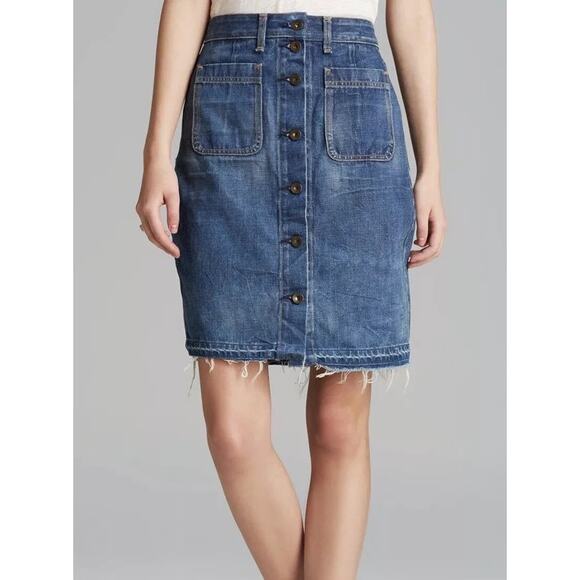 RAG‎ & BONE Button Front Frayed Hem Denim Skirt 25 Santa Cruz Blue Medium Wash - Picture 2 of 11